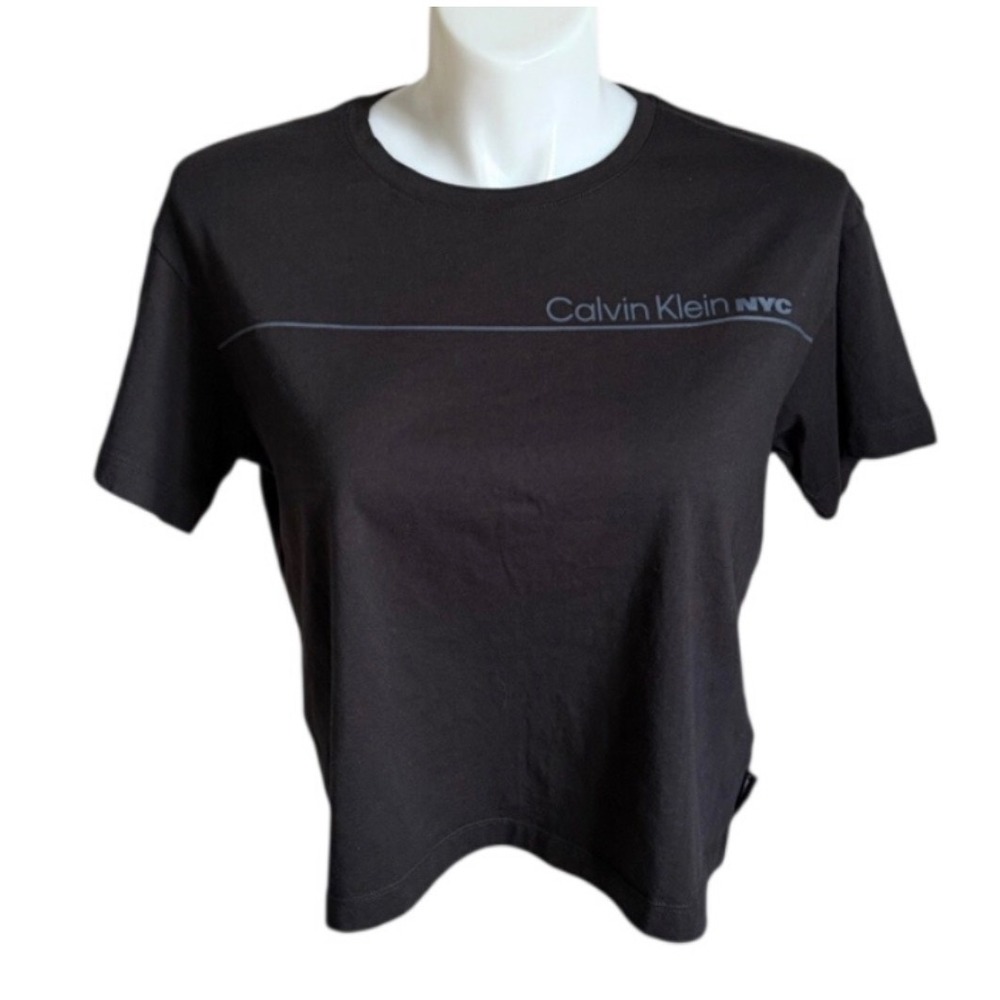 Calvin Klein NYC Black T-Shirt Short Sleeve Crew Neck Logo Tee Cropped Womens L